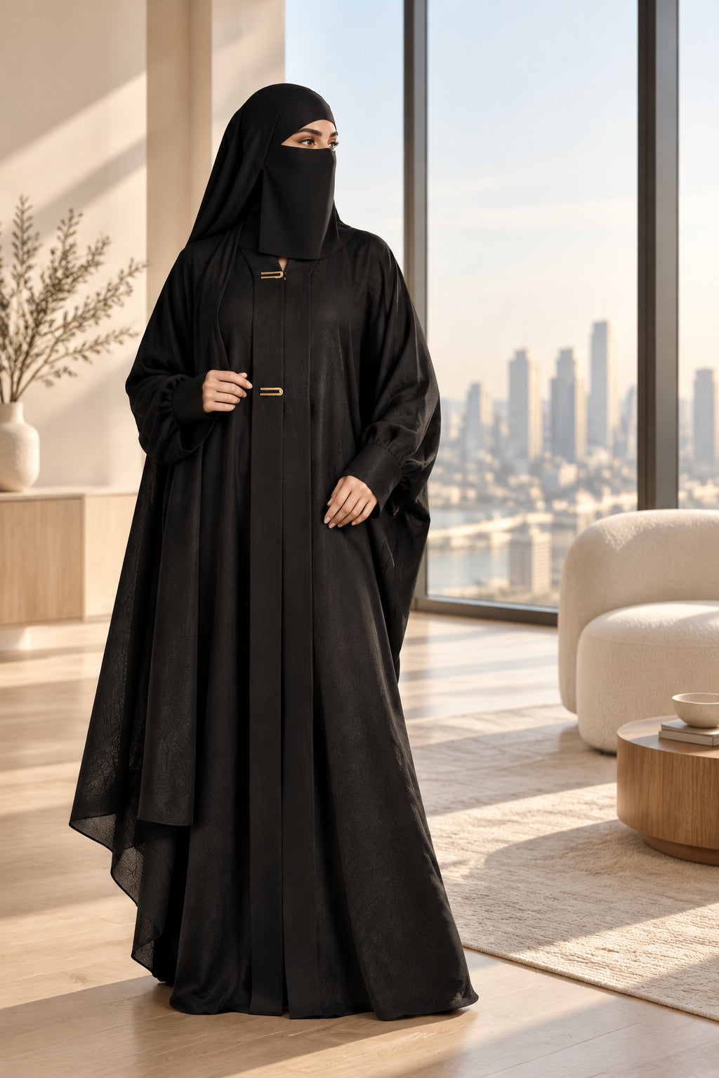 A mannequin displaying a black traditional burqa/বোরকা dress.