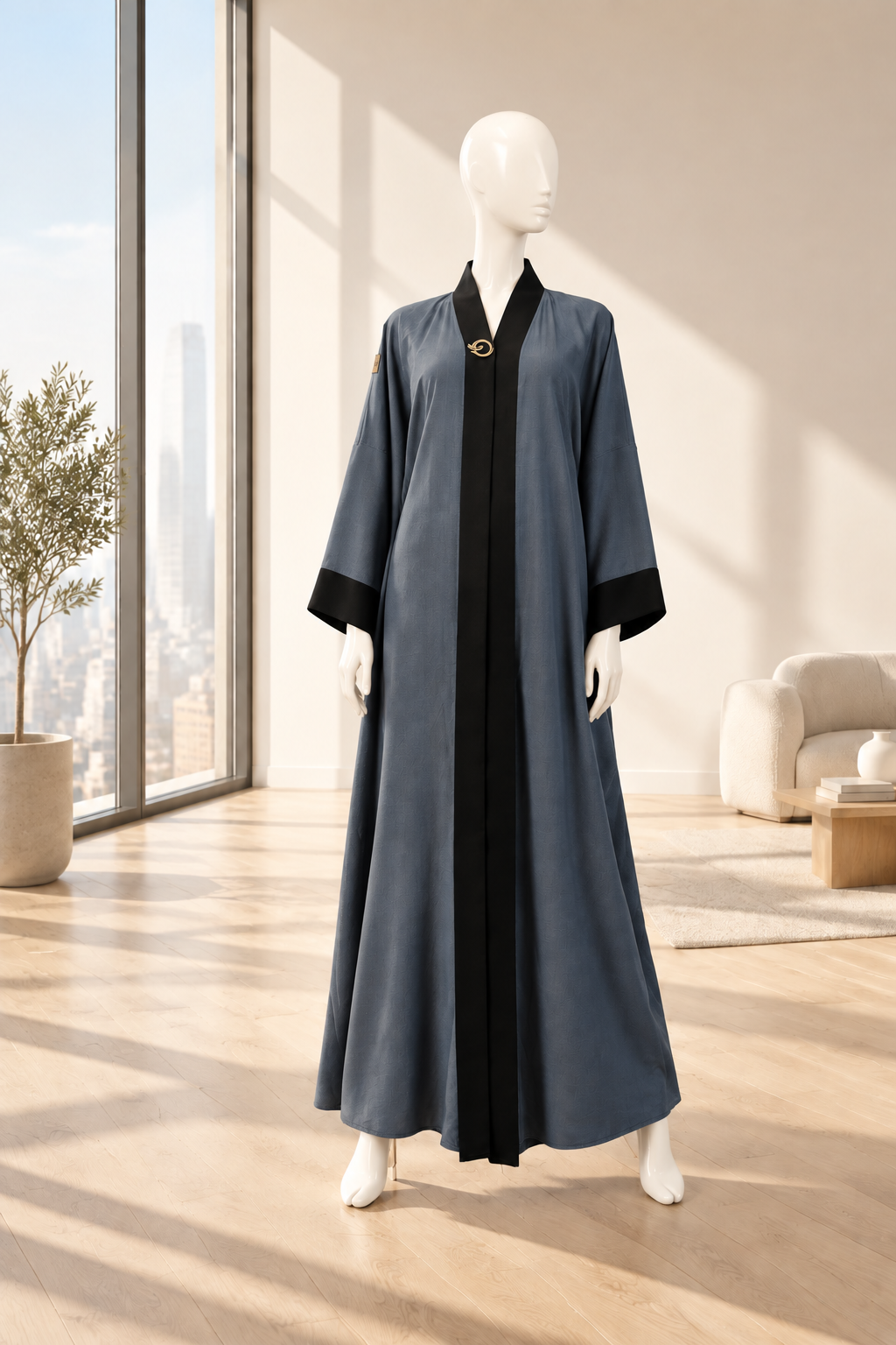 A mannequin displaying a black burqa with a solid pattern, standing against a plain background.