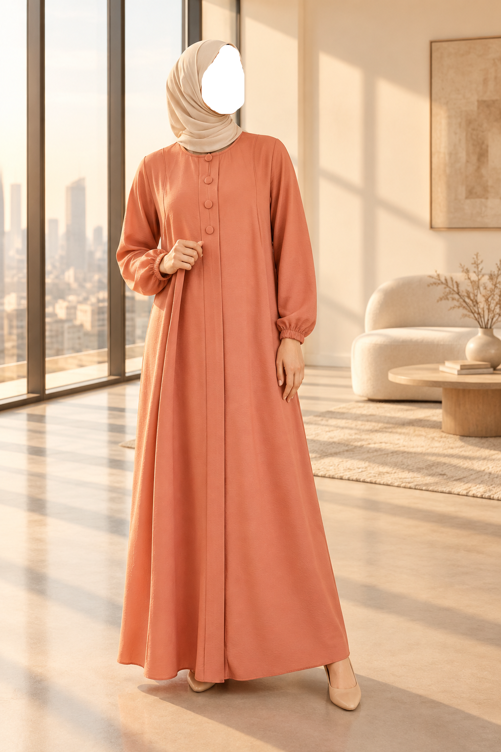 A mannequin displaying a burqa in orange color, with the garment hanging from its shoulders, presenting a full-length view on a mannequin set against a plain background.