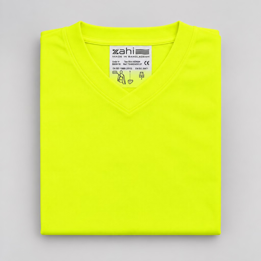 Neon yellow V-neck safety shirt with reflective silver stripes কাজের পোশাক