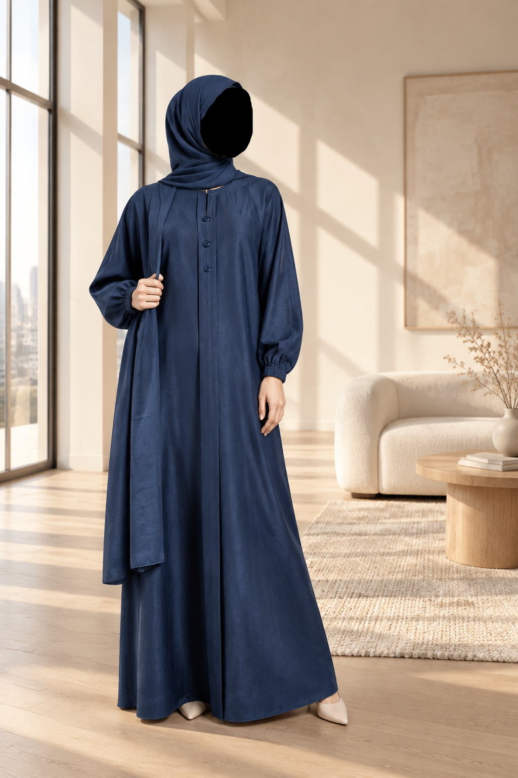 A mannequin displaying a burqa in blue color, with traditional Islamic design, including a headscarf.