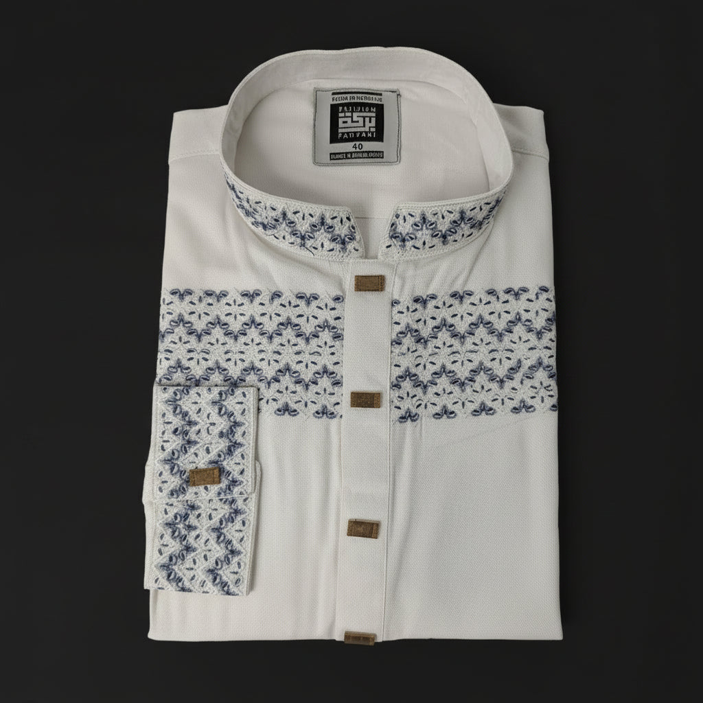 Barakah Body Embroidered White Panjabi, বারাকাহ এমব্রয়ডারি সাদা পাঞ্জাবি
