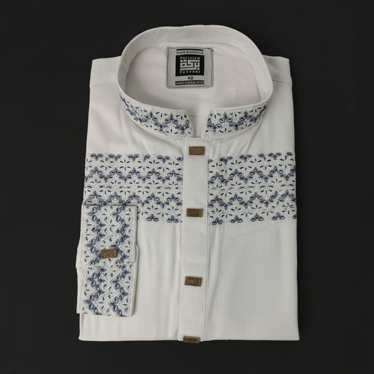 Barakah Body Embroidered White Panjabi, বারাকাহ এমব্রয়ডারি সাদা পাঞ্জাবি