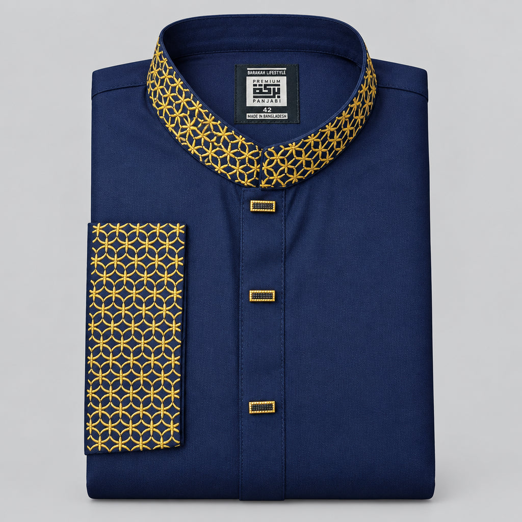A folded navy blue shirt with a geometric yellow and black patterned collar and sleeve cuff, featuring a black brand label at the inner collar.