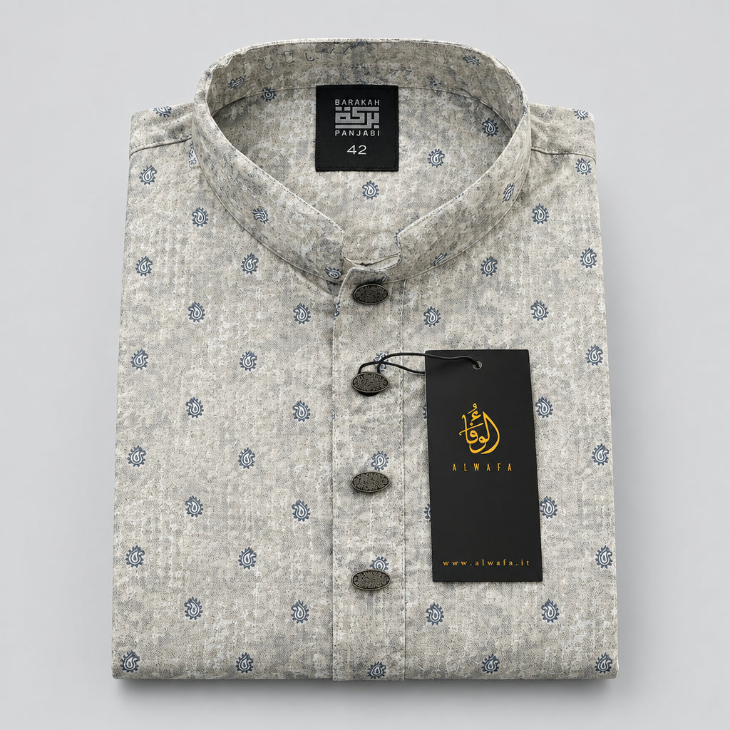 A folded men's long-sleeve shirt with a mandarin collar, featuring a beige and gray textured pattern with small blue-gray floral motifs. The shirt is still inside its clear plastic packaging, with a black brand tag and a black retail hangtag attached.