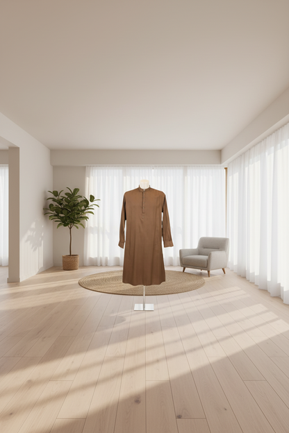 A brown cotton panjabi displayed on a mannequin, featuring long sleeves and a traditional design suitable for adult men.