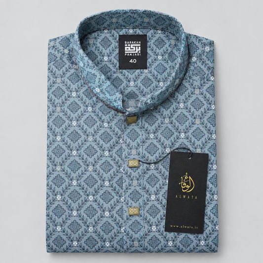 A folded men's kurta shirt with a geometric pattern in shades of blue, gray, and purple, featuring a mandarin collar, gold buttons, and a black hangtag.