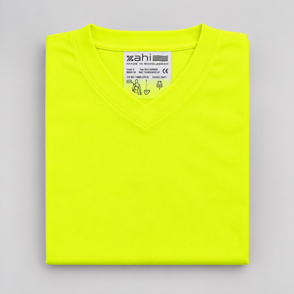 Neon yellow V-neck safety shirt with reflective silver stripes  কাজের পোশাক