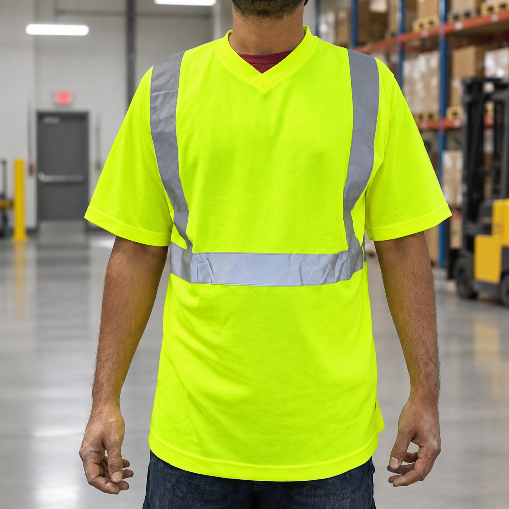 A man wearing a high-visibility neon yellow V-neck safety shirt with reflective silver stripes on the chest and shoulders, standing in an indoor setting.