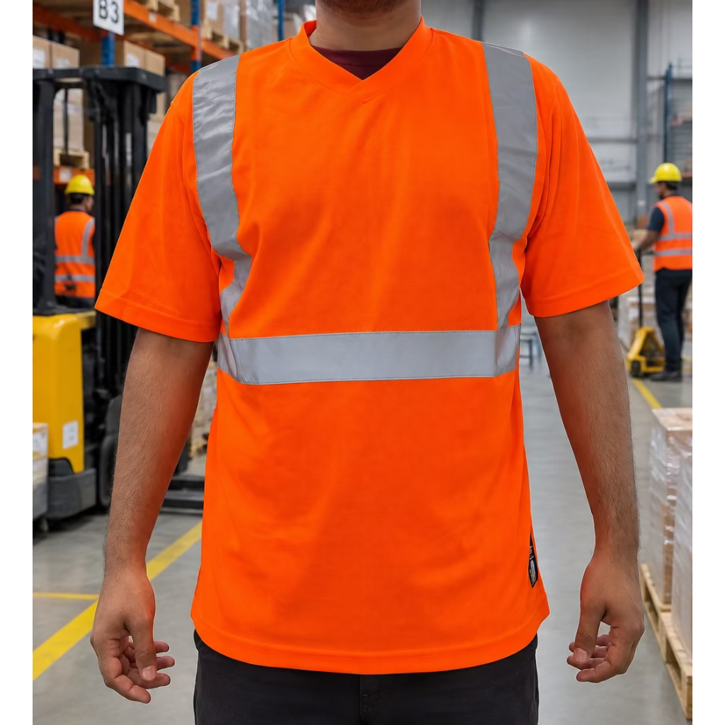 A man wearing a bright orange high-visibility safety shirt with reflective silver-gray stripes, standing in an indoor office or warehouse environment.