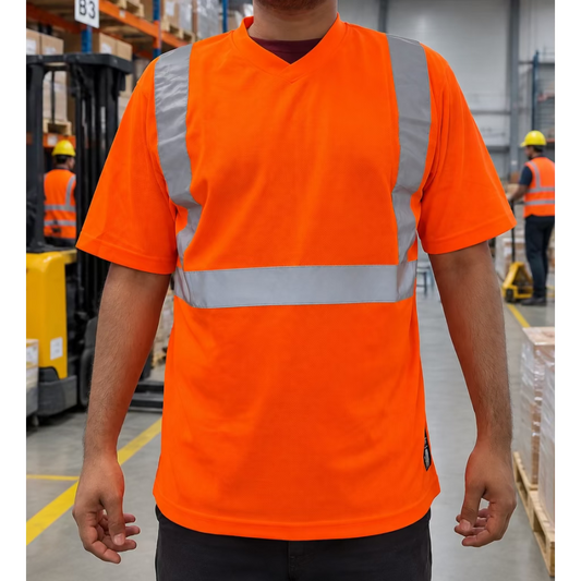 A man wearing a bright orange high-visibility safety shirt with reflective silver-gray stripes, standing in an indoor office or warehouse environment.