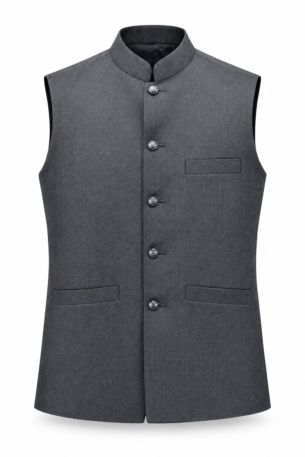 A gray sleeveless waistcoat vest with a mandarin collar and button front, hanging on a black hanger labeled 'Laffy Tiff' in a retail store setting.