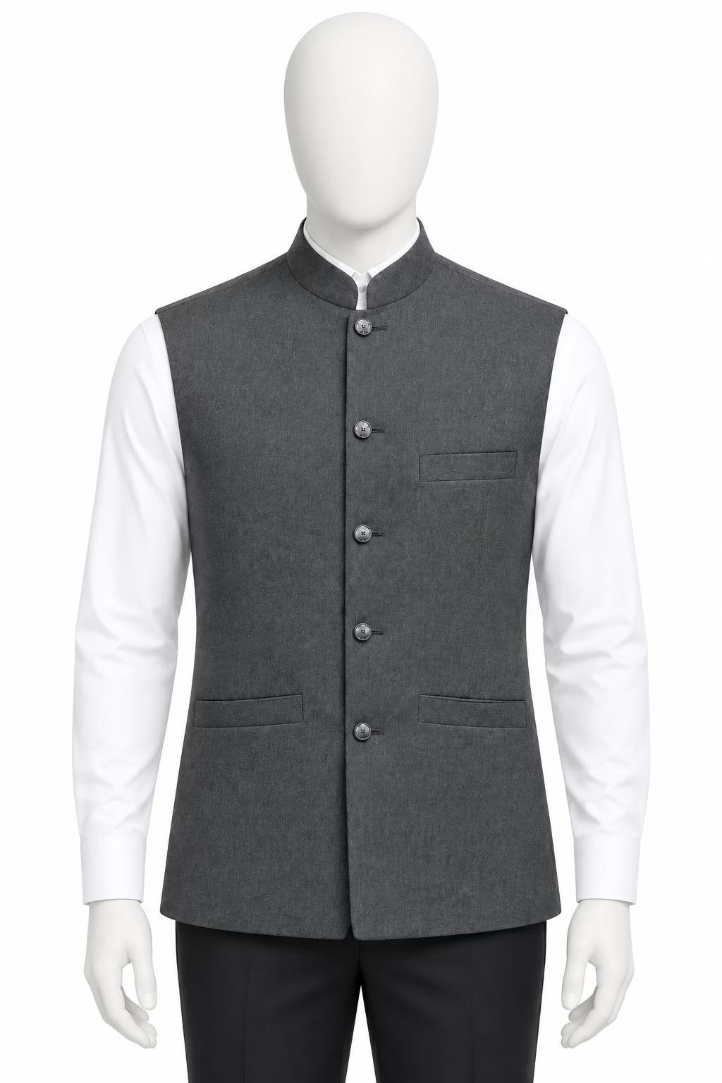 A gray sleeveless waistcoat vest with a mandarin collar and button front, hanging on a black hanger labeled 'Laffy Tiff' in a retail store setting.