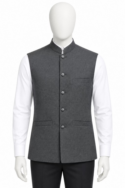 A gray sleeveless waistcoat vest with a mandarin collar and button front, hanging on a black hanger labeled 'Laffy Tiff' in a retail store setting.