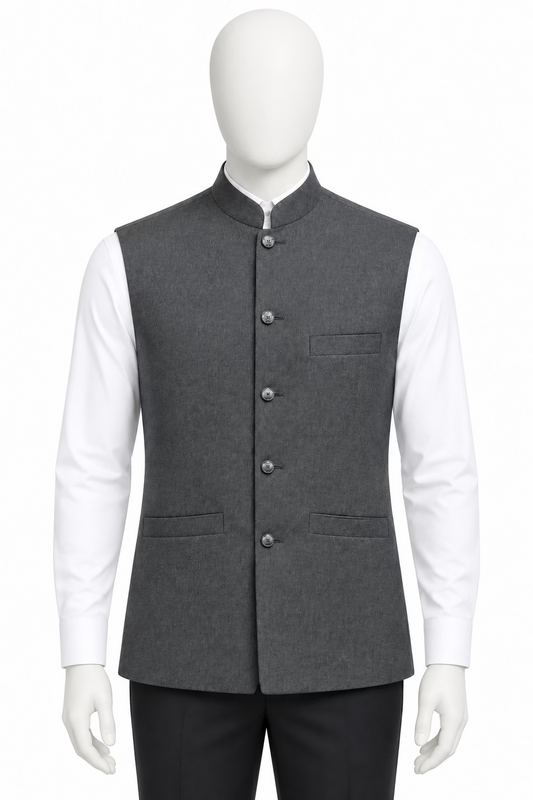 A gray sleeveless waistcoat vest with a mandarin collar and button front, hanging on a black hanger labeled 'Laffy Tiff' in a retail store setting.