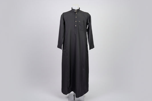 A black long-sleeved thobe with a band collar and button placket, displayed on a white mannequin torso against a plain white background.
