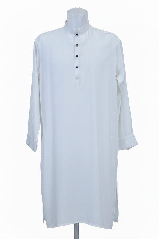 A white long-sleeve tunic or kurta displayed on a headless mannequin torso against a plain white background.